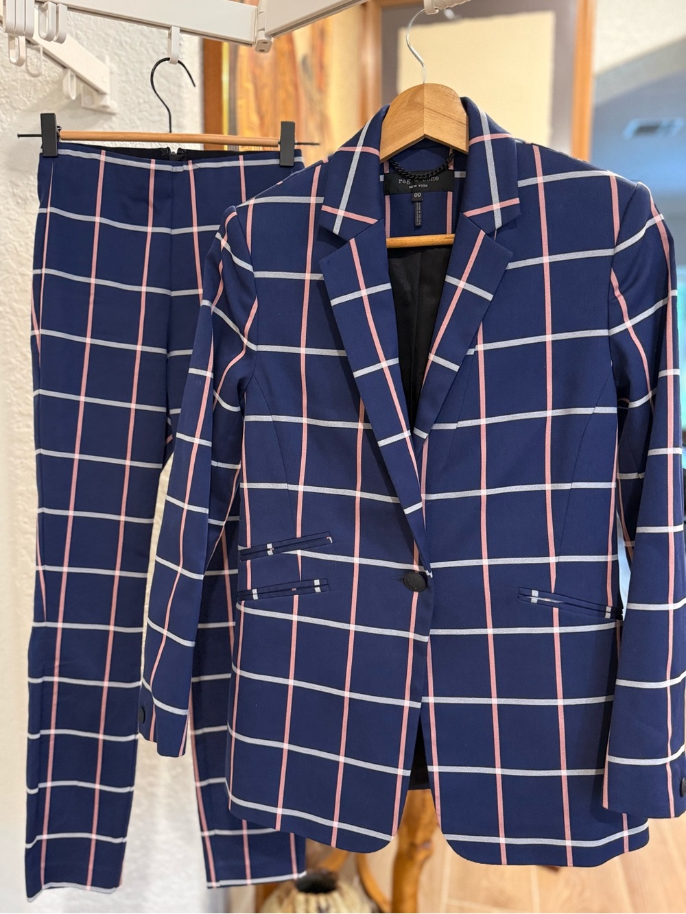 rag & bone Navy Windowpane Blazer & Pants with Pink and White Grid